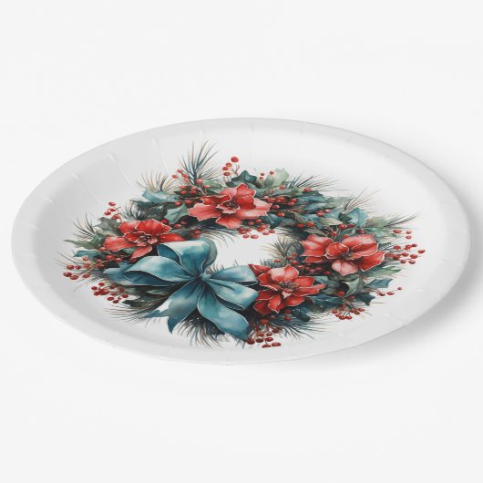 Assiettes En Carton Pine Wreath avec Holly Christmas (Angle)