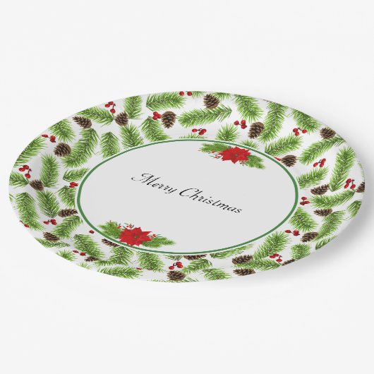 Assiettes En Carton Pinecones de Noël et baies rouges (Angle)