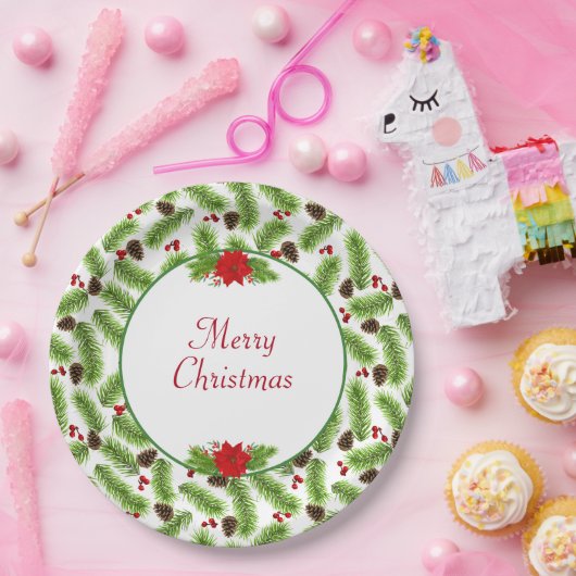 Assiettes En Carton Pinecones de Noël personnalisées et baies rouges (Fête)