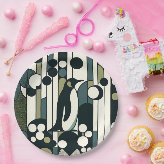 Assiettes En Carton Pingouin à crème verte perdu dans la géométrie (Fête)