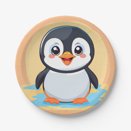 Assiettes En Carton Pingouin bleu mignon Visage zoo glace Anniversaire (Devant)