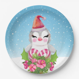 Assiettes En Carton Pingouin de Noël mignon à Santa Hat