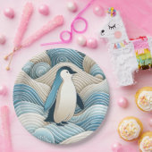 Assiettes En Carton Pingouin En Crème Bleu Vagues Abstraites (Fête)