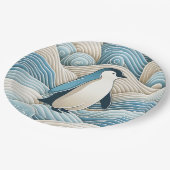 Assiettes En Carton Pingouin En Crème Bleu Vagues Abstraites (Angle)