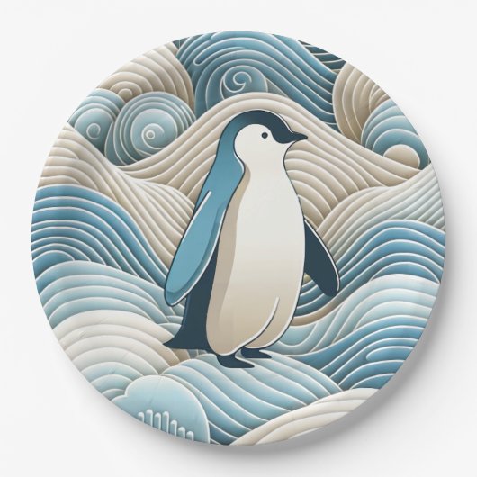 Assiettes En Carton Pingouin En Crème Bleu Vagues Abstraites (Devant)