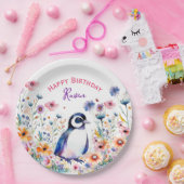 Assiettes En Carton Pingouin en fleurs Fille Anniversaire Personnalisé (Fête)
