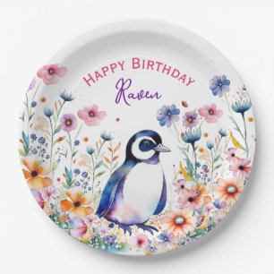 Assiettes En Carton Pingouin en fleurs Fille Anniversaire Personnalisé