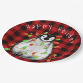 Assiettes En Carton Pingouin festif de vacances, lumières rouge scinti (Angle)