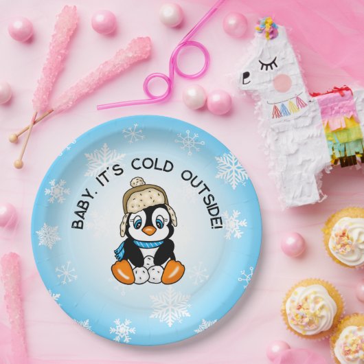 Assiettes En Carton Pingouin mignon bébé avec Arrière - plan de flocon (Fête)