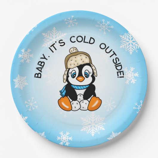 Assiettes En Carton Pingouin mignon bébé avec Arrière - plan de flocon (Devant)