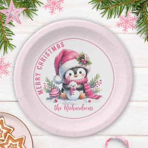 Assiettes En Carton Pingouin rose mignon Personnalisé Joyeux Noël