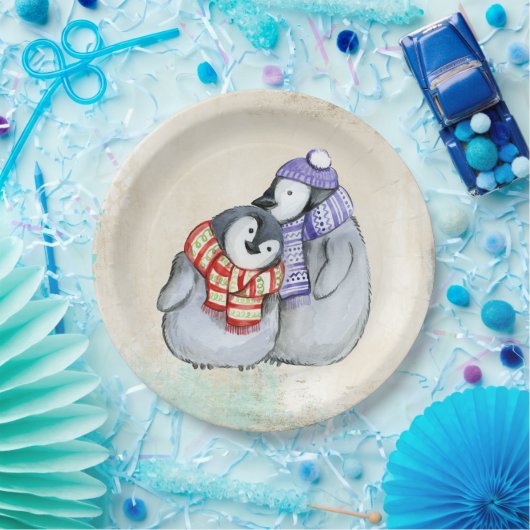 Assiettes En Carton Pingouins mignons en Écharpe d'hiver et Casquette (Fête)