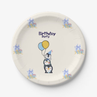 Assiettes En Carton pinguine d'anniversaire