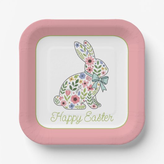 Assiettes En Carton Pink and Blue Wildflower Easter Rabbit (Recto)