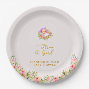 Assiettes En Carton Pink and Gold Flower thème c'est un baby shower fi