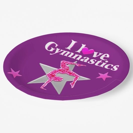 ASSIETTES EN CARTON PINK AND PURPLE I ADORE GYMNASTICS PAPIER PLAQUES (Angle)