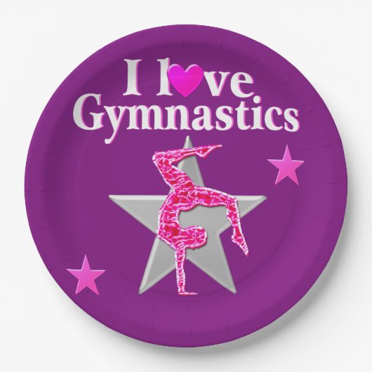 ASSIETTES EN CARTON PINK AND PURPLE I ADORE GYMNASTICS PAPIER PLAQUES (Devant)