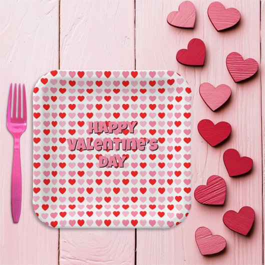 Assiettes En Carton Pink and Red Happy Valentine's Day Heart Motif