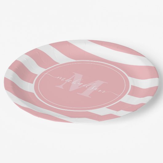 Assiettes En Carton Pink and White Stripes Nom du monogramme (Angle)