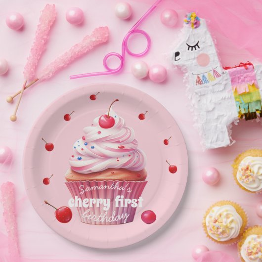 Assiettes En Carton Pink Baby First Cherry & Cupcake Anniversaire (Fête)