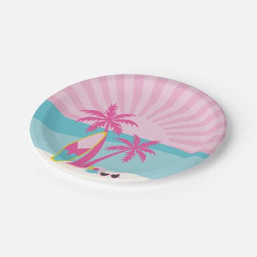 Assiettes En Carton Pink Beach Palm Birthday (Angle)