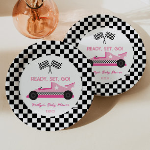 Assiettes En Carton Pink Black Race Car Ready Set Go Baby shower
