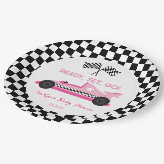 Assiettes En Carton Pink Black Race Car Ready Set Go Baby shower (Angle)