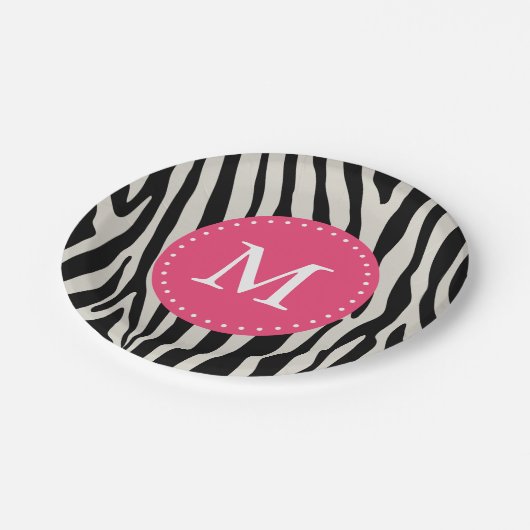 Assiettes En Carton Pink & Black Zebra Strig Monogramme fête d'anniver (Angle)