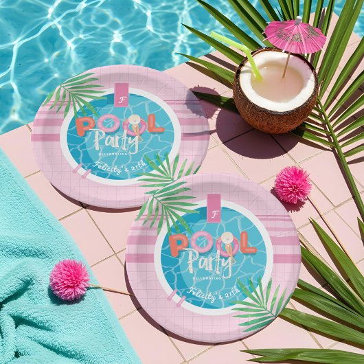 Assiettes En Carton Pink & Blue Tropical Summer Birthday Pool Party