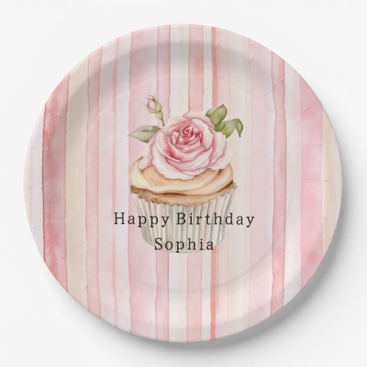 Assiettes En Carton Pink Blush Crème rayures Rose Cupcake Anniversaire (Devant)
