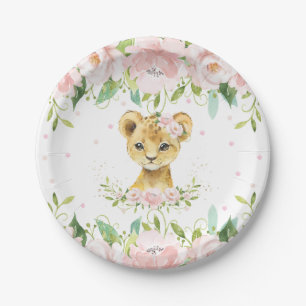 Assiettes En Carton Pink Blush Floral Lion Cub Baby shower d'anniversa