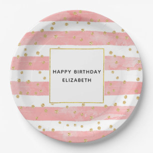 Assiettes En Carton Pink Blush Stripes & Faux Gold Confetti Anniversai