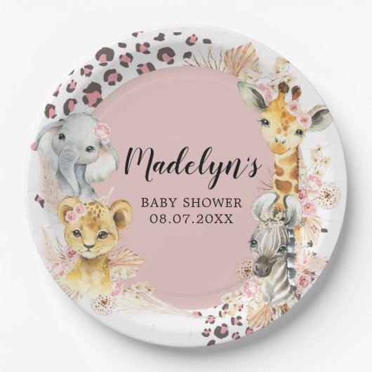 Assiettes En Carton Pink Boho Safari Party Animaux Fille Plaque de pap (Devant)