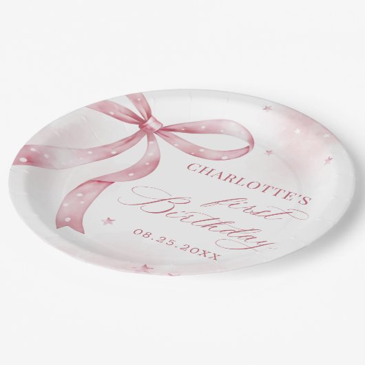 Assiettes En Carton Pink Bow Girl 1er anniversaire (Angle)