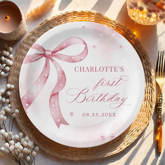 Assiettes En Carton Pink Bow Girl 1er anniversaire