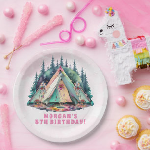 Assiettes En Carton Pink Camping Slepover fête d'anniversaire