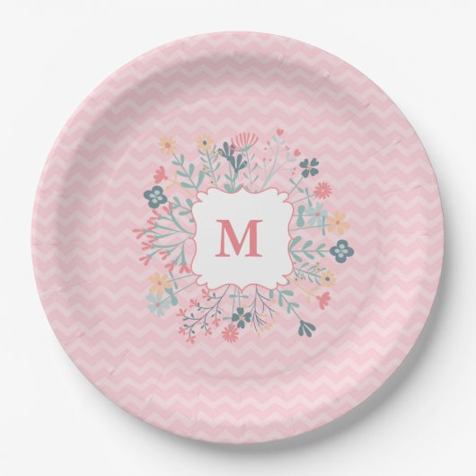 Assiettes En Carton Pink Chevron Monogram Plaques de papier personnali (Devant)