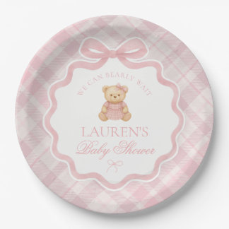 Assiettes En Carton Pink Coquette Bow Bear Plaid Baby Shower 