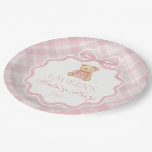 Assiettes En Carton Pink Coquette Bow Bear Plaid Birthday  (Angle)