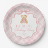 Assiettes En Carton Pink Coquette Bow Bear Plaid Birthday  (Devant)