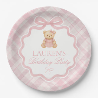 Assiettes En Carton Pink Coquette Bow Bear Plaid Birthday 