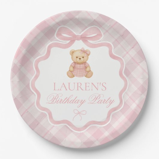 Assiettes En Carton Pink Coquette Bow Bear Plaid Birthday (Devant)