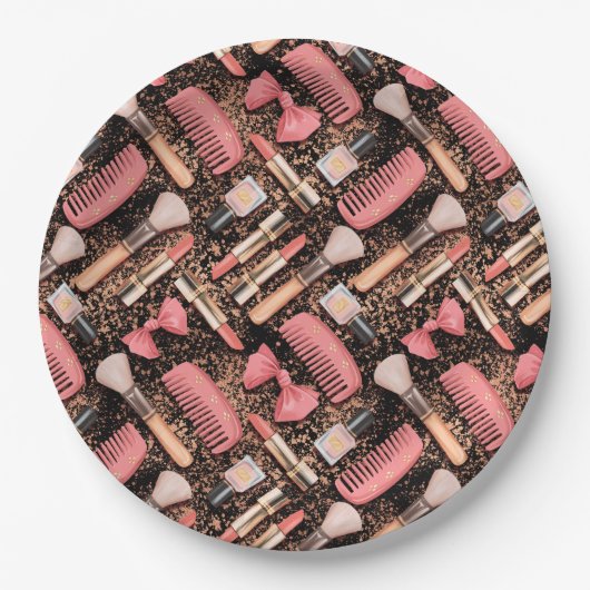 Assiettes En Carton Pink Cosmetics Pattern Glitter  (Devant)