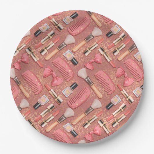 Assiettes En Carton Pink Cosmetics Pattern Glitter  (Devant)