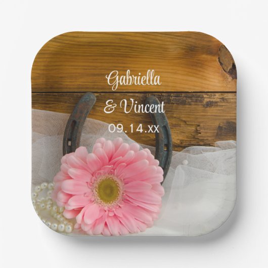 Assiettes En Carton Pink Daisy et Horseshoe Country Western Mariage (Recto)