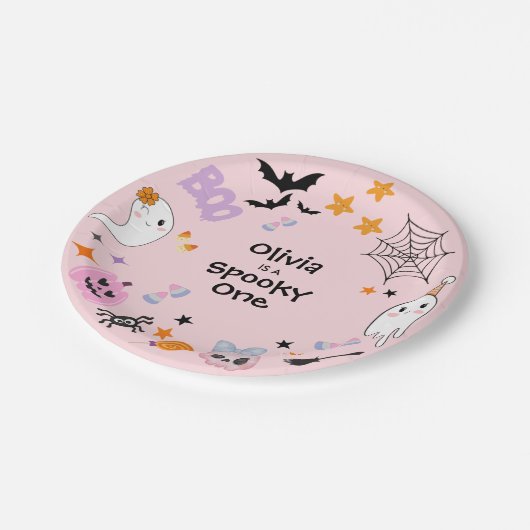 Assiettes En Carton Pink Éffrayant One Cute Ghost Halloween 1er Annive (Angle)