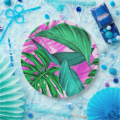 Assiettes En Carton Pink et Feuilles verts tropicaux (Fête)
