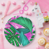 Assiettes En Carton Pink et Feuilles verts tropicaux (Fête)