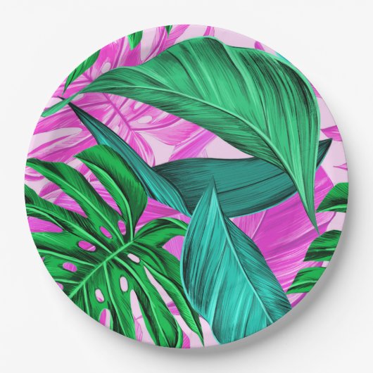 Assiettes En Carton Pink et Feuilles verts tropicaux (Devant)