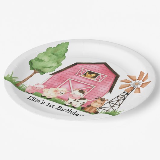 Assiettes En Carton Pink Farm Barnyard Plaques d'anniversaire (Angle)